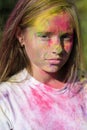 Positive and cheerful. fashion youth party. Optimist. Spring vibes. child with creative body art. colorful neon paint Royalty Free Stock Photo