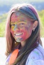 Positive and cheerful. Happy youth party. Optimist. Spring vibes. colorful neon paint makeup. child with creative body