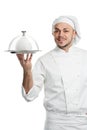 Positive chef with cloche lid cover isolated