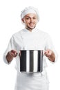 Positive chef with pan pot isolated Royalty Free Stock Photo