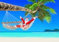 Positive Christmas Santa Claus relax in hammock at palm beach Royalty Free Stock Photo