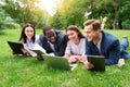 Positive colleagues sitting on the grass Royalty Free Stock Photo