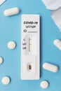Positive Covid-19, SARS CoV 2 antigen test kit for self testing, one step coronavirus antigen rapid test, test box, close up