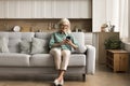 Positive elderly lady relaxing on comfortable sofa with mobile phone