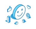 Positive emoji blue line isometric illustration. Good emotions, happy face 3D banner template.
