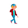 positive emotion boy teen walk outdoor and listen music in headphones cartoon vector Royalty Free Stock Photo