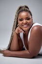 Positive Emotions Concept. Portrait of excited chubby black woman smiling, laughing