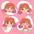 Positive emotions of cute character. Kawaii girl. Hand signs. Vector illustration Royalty Free Stock Photo
