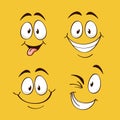 Positive emotions. Happy faces on yellow background, comic eyes brows and mouth, square cards, online emoji collection Royalty Free Stock Photo