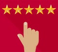 Positive feedback 5 stars. Rating gold stars. The hand indicates