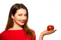 Positive Female Biting a Big Red Apple Fruit Smiling on White Ba