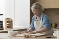 Positive focused mature female baker preparing dessert, pastry