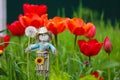 A positive garden toy is ready to fly on a dandelion from a thicket of tulips
