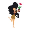 Positive girl with houseplant flat cartoon vector illustration Royalty Free Stock Photo