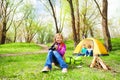 Positive girl with red backpack and binocular Royalty Free Stock Photo