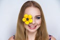 Positive girl sunflower sweet Royalty Free Stock Photo