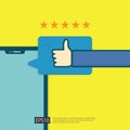 positive good review with hand thumb up symbol on phone social media notification. five stars service or product rate