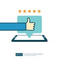 positive good review with hand thumb up symbol on phone social media notification. five stars service or product rate Royalty Free Stock Photo