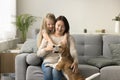 Positive grandma and adorable little granddaughter playing with cute dog