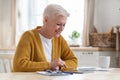 Positive grey-haired senior woman using digital tablet in kitchen