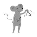 Positive grey mouse standing and playing folk triangle vector illustration