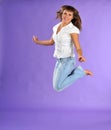 Positive happy jumping caucasian woman