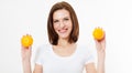 Positive happy woman holding orange near face isolated on white background, cosmetic diet concept Royalty Free Stock Photo