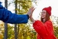 Positive holiday of redhead female in the forest Royalty Free Stock Photo