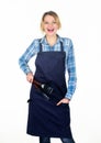 Positive housewife. food cooking recipe. Picnic barbecue. Pretty girl in chef apron. Tools for cook. Woman hold kitchen Royalty Free Stock Photo