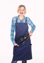 Positive housewife. food cooking recipe. Picnic barbecue. Pretty girl in chef apron. Tools for cook. Woman hold kitchen Royalty Free Stock Photo