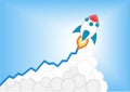 Positive increasing growth chart with launching cartoon rocket as infographic.