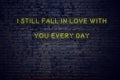 Positive inspiring quote on neon sign against brick wall i still fall in love with you every day