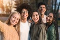 Positive multiracial teen friends taking selfie while walking in park Royalty Free Stock Photo