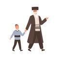 Positive jewish family grandfather and grandchild vector flat illustration. Happy elderly man and child walking together