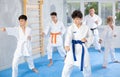 Positive kids training karate movements together in sport class in karate school at gym Royalty Free Stock Photo