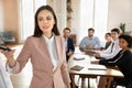 Positive leader woman working on project management with diverse team Royalty Free Stock Photo