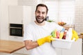 Positive man househusband indoors Royalty Free Stock Photo