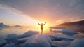 Positive man rise hand on a Iceberg. Christian inspire praise Jesus God on summer background. Men self love confidence Royalty Free Stock Photo