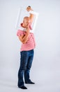 Positive man on a white background with a frame from the picture, emotions on his face, good mood Royalty Free Stock Photo