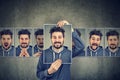 Positive masked man in glasses expressing different emotions