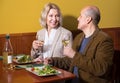 Positive mature couple having dinner at restaurant Royalty Free Stock Photo