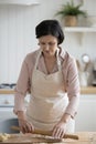Positive mature home baker woman in cooking apron preparing pastry
