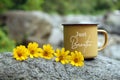 Positive message on a cup of tea or coffee and yellow little flowers on stone table.  Just breathe. Self love care and healing. Royalty Free Stock Photo