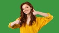 Positive Millennial Girl Gesturing Thumbs Up On Green Background, Panorama