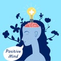 Positive Mind Girl with an open brain opens idea, bulb, a solution to a problem, mind wellness, relax. Positive thinking