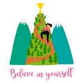 Positive motivation female vector illustration with girl, mountains and trophy on the top Royalty Free Stock Photo