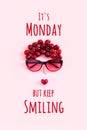 Positive motivational quote. It's Monday but keep smiling text and abstract image young woman from sweet cherry and Royalty Free Stock Photo