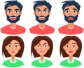 Set of positive and negative face expressions of man and woman. Cute faces, emotions of cartoon characters Royalty Free Stock Photo