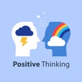 Positive or negative thinking, cloud and rainbow in head, good or bad attitude, mindset concept