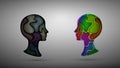 Positive and negative thoughts concept, two man profiles with colored shapes inside, satisfaction and dissatisfaction Royalty Free Stock Photo